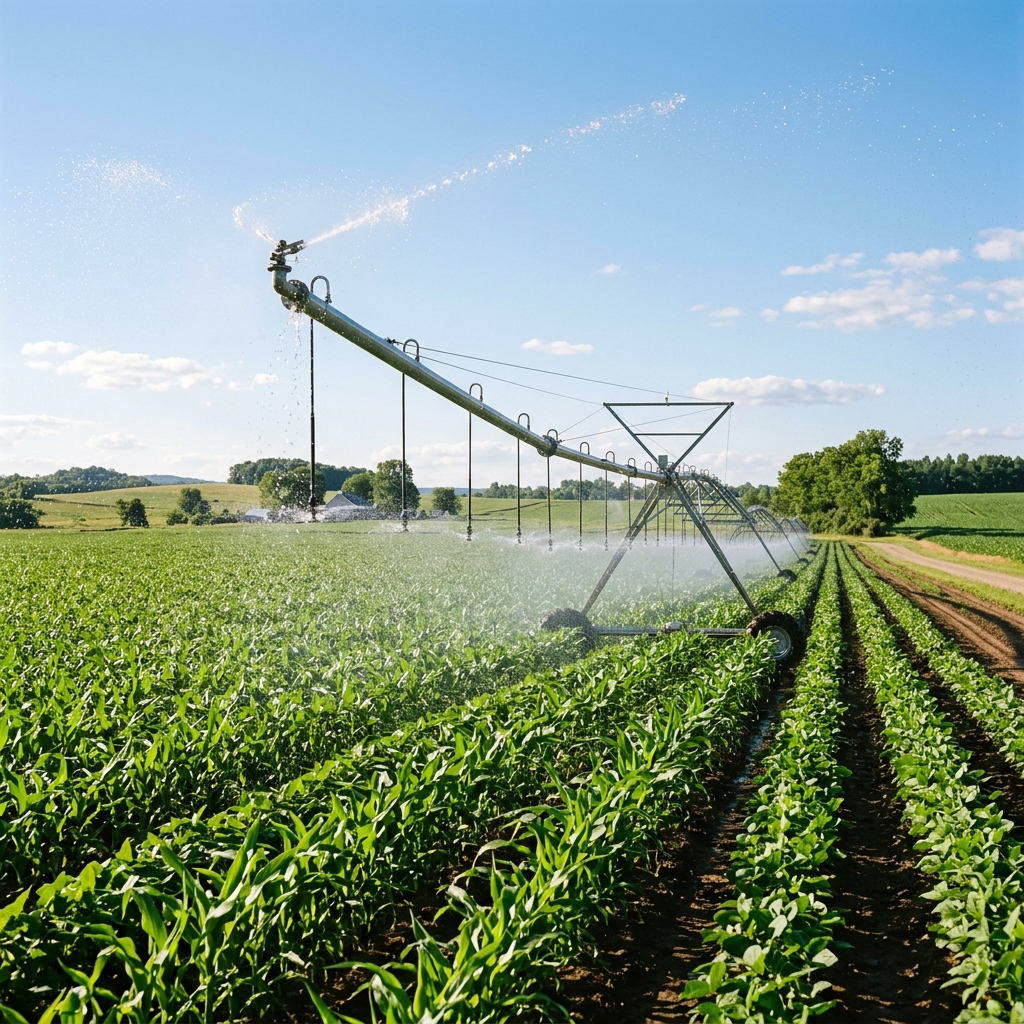 Crystal-clear water flowing through farm irrigation channels