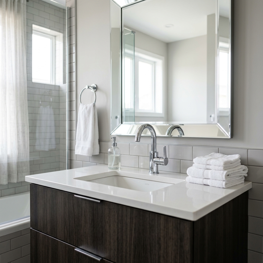 Spotless clean modern bathroom with shiny faucets